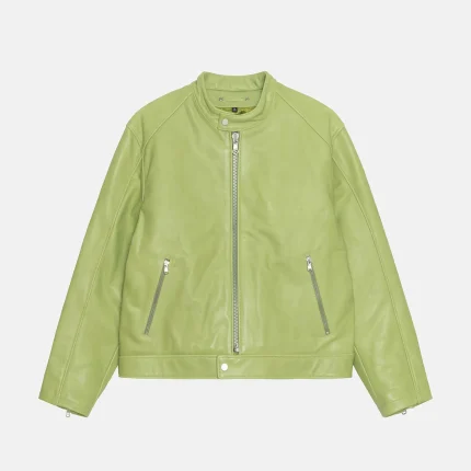 STUSSY CAFE RACER LEATHER JACKET GREEN