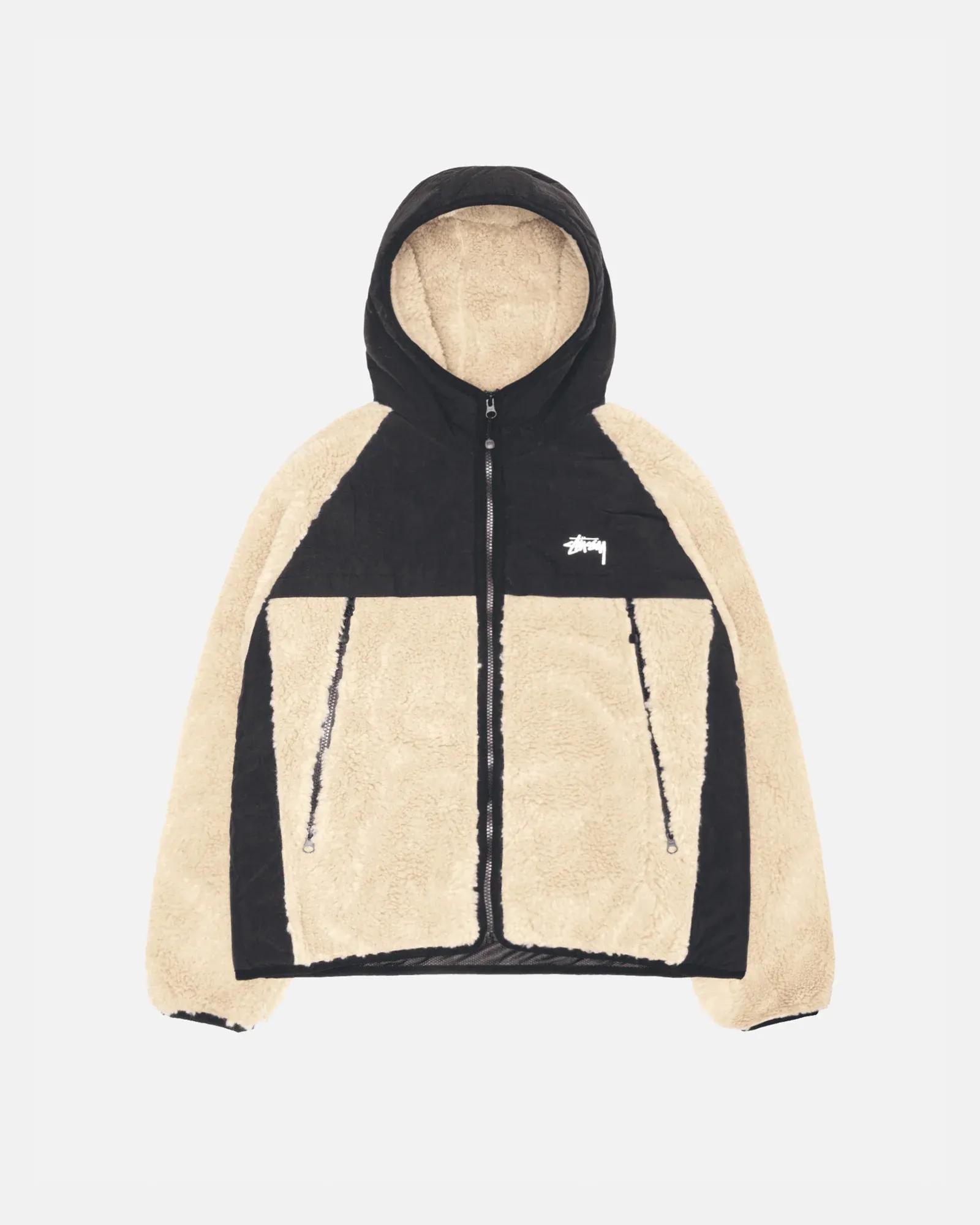 STUSSY SHERPA PANELED HOODED JACKET BEIGE STUSSY SHERPA PANELED HOODED JACKET BEIGE